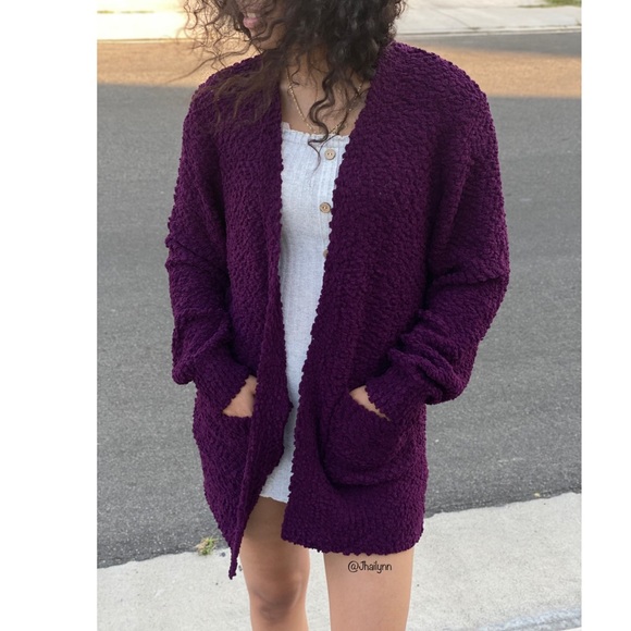 Plum popcorn puff sleeve cardigan - Picture 3 of 6